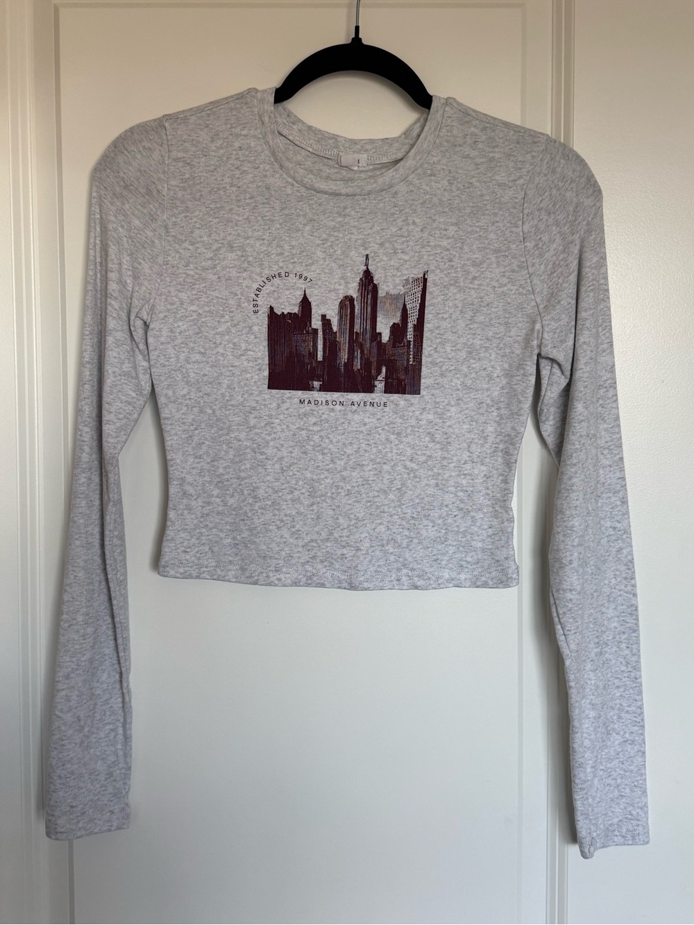 Garage Light Heather Grey With Red Madison Avenue Graphic Long Sleeve Crop Top